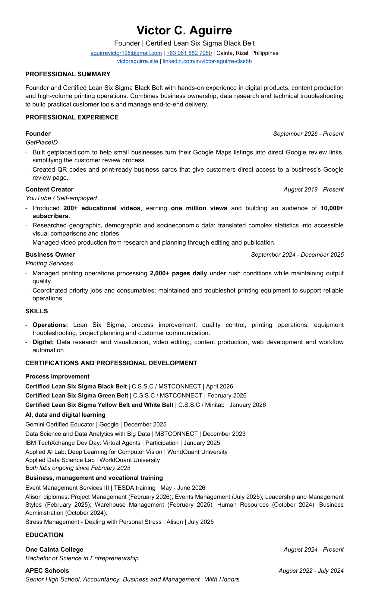 Victor C. Aguirre professional resume. Use Open resume or Download PDF above for selectable text.
